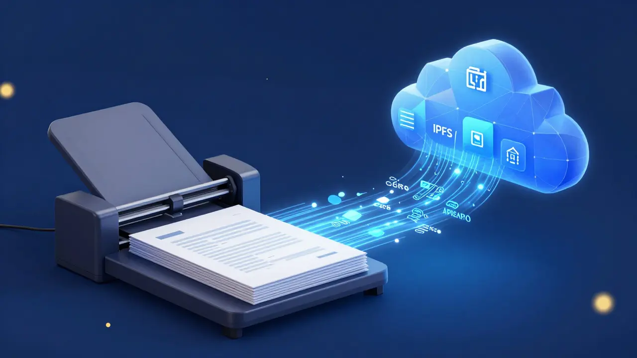 Ilustração conceitual de digitalização segura e armazenamento descentralizado