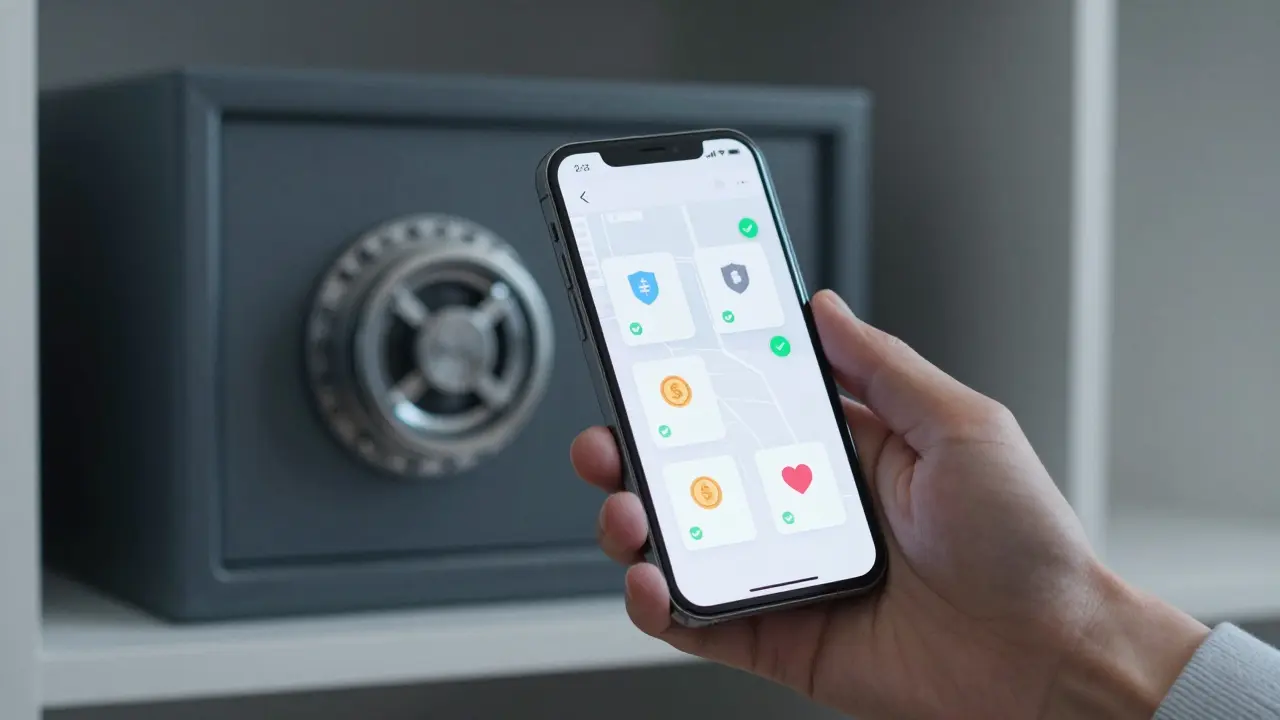 Mão segurando celular com app de cofre digital e cofre físico ao fundo